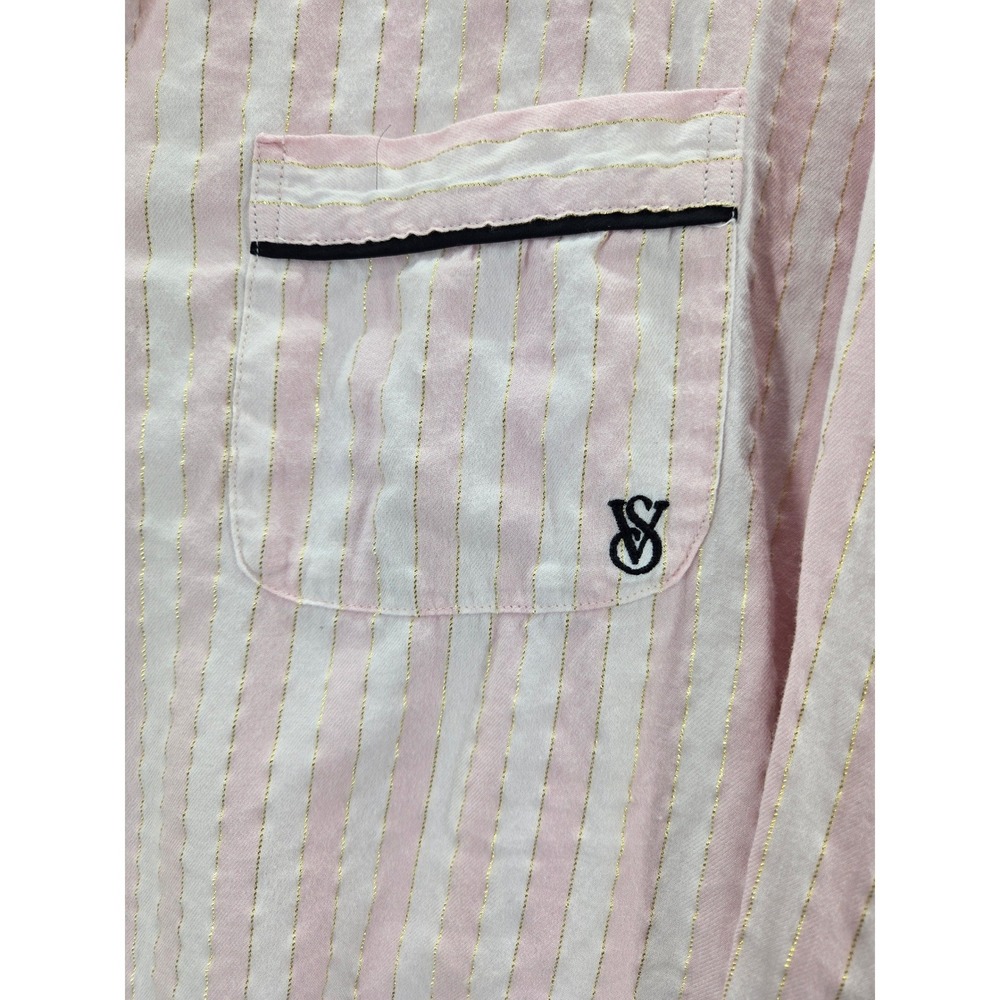 Victoria's Secret Pink White Striped Gold Lurex Pajama Set Large Button Down PJ - Picture 3 of 10